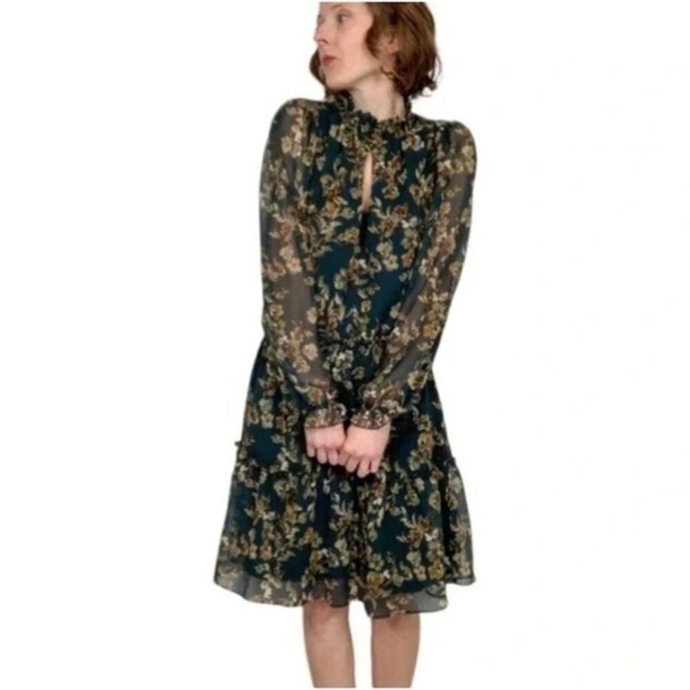 DREW Floral Mock Neck Ruffle Tiered Chiffon‎ Dress Teal Long Sleeve Size S